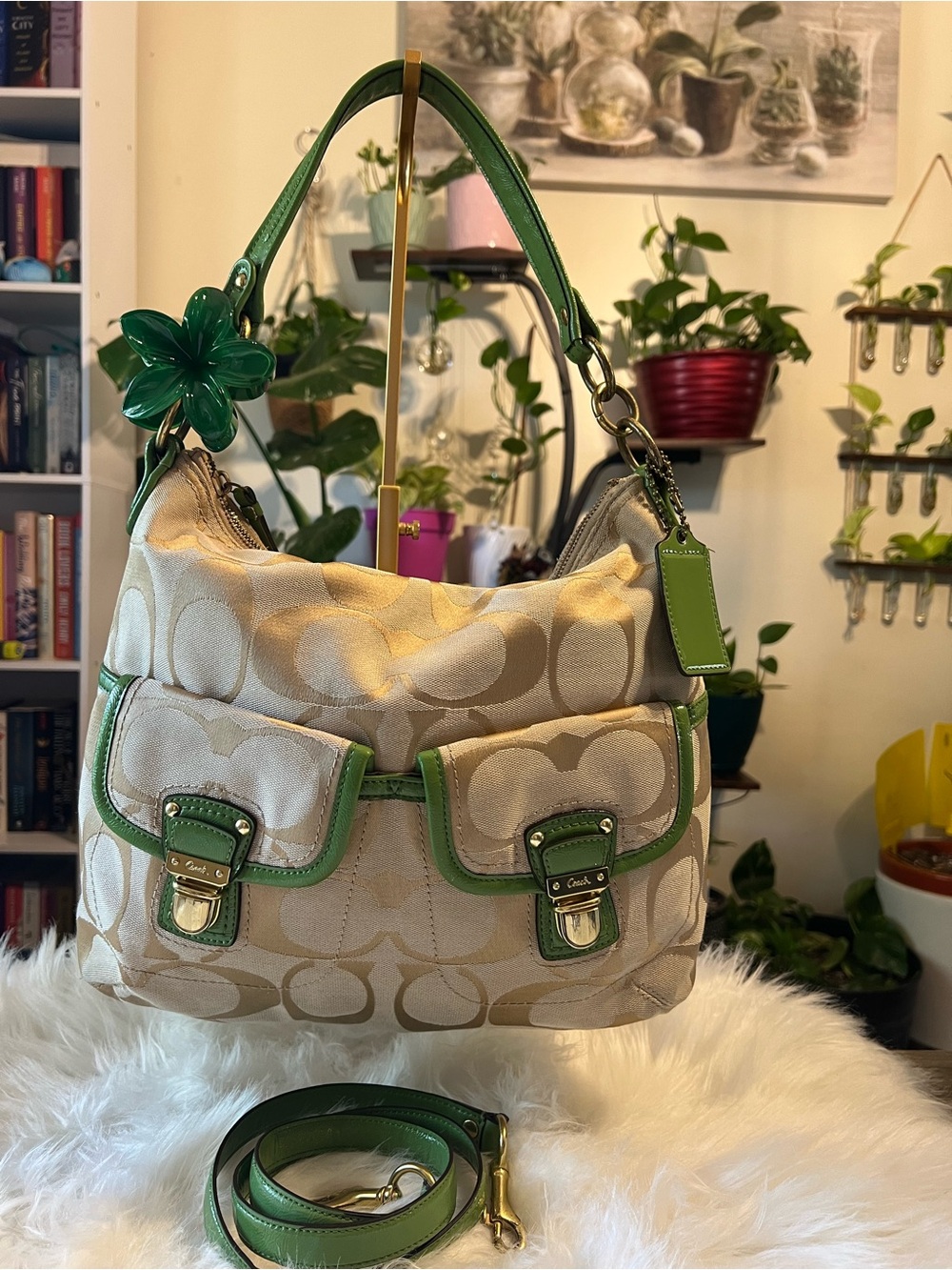 Coach Beige Signature Canvas Shoulder Bag with Green Trim